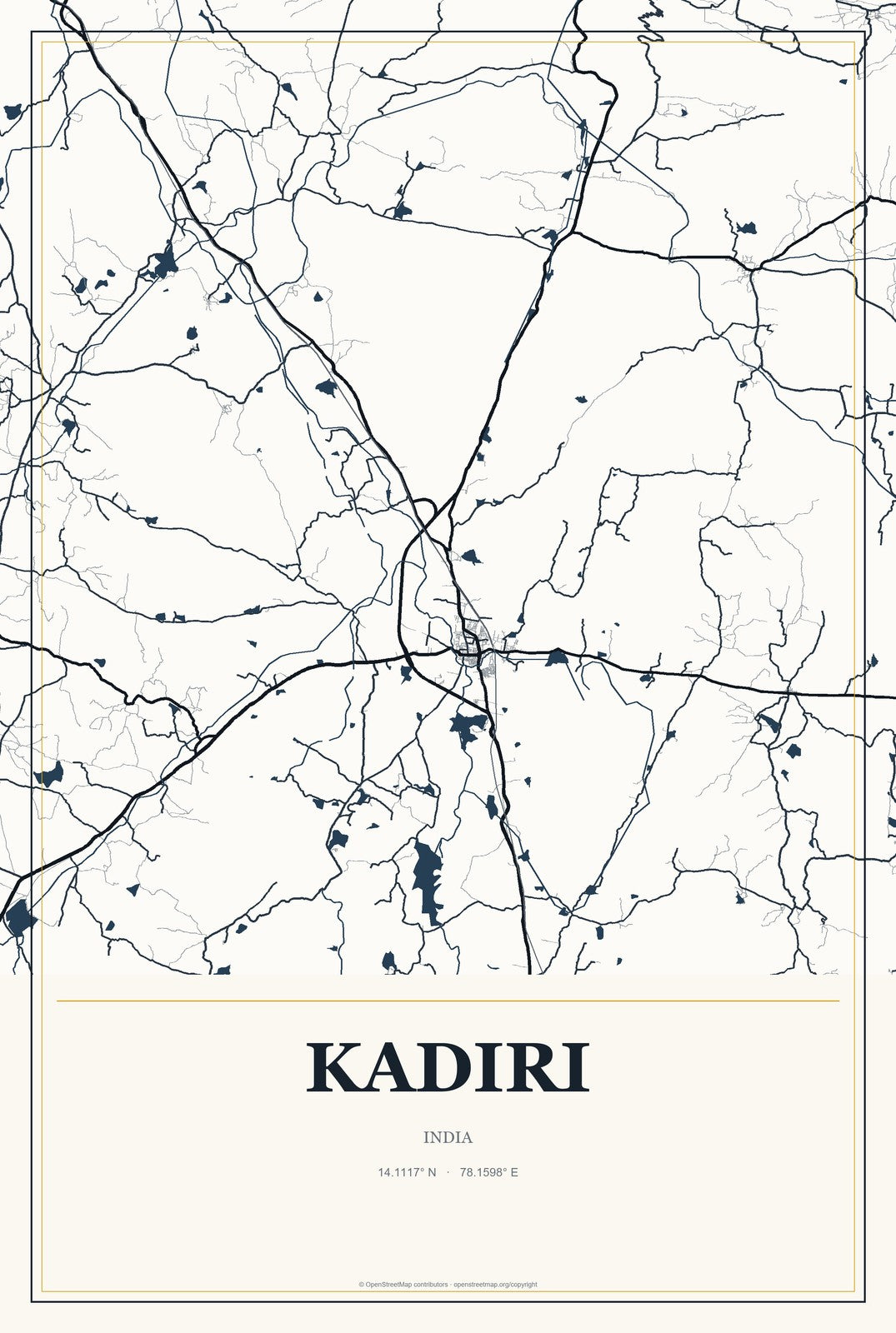 Kadiri, India City Map Aluminum Sign in Citrine Modern style