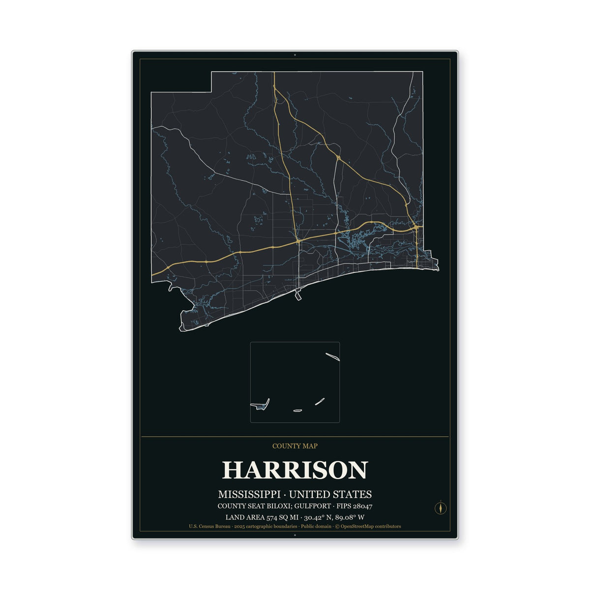 Harrison County, Mississippi Map Aluminum Sign in Metropolitan Noir style
