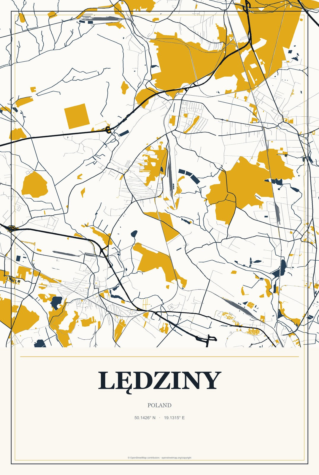 Lędziny, Poland City Map Aluminum Sign in Citrine Modern style