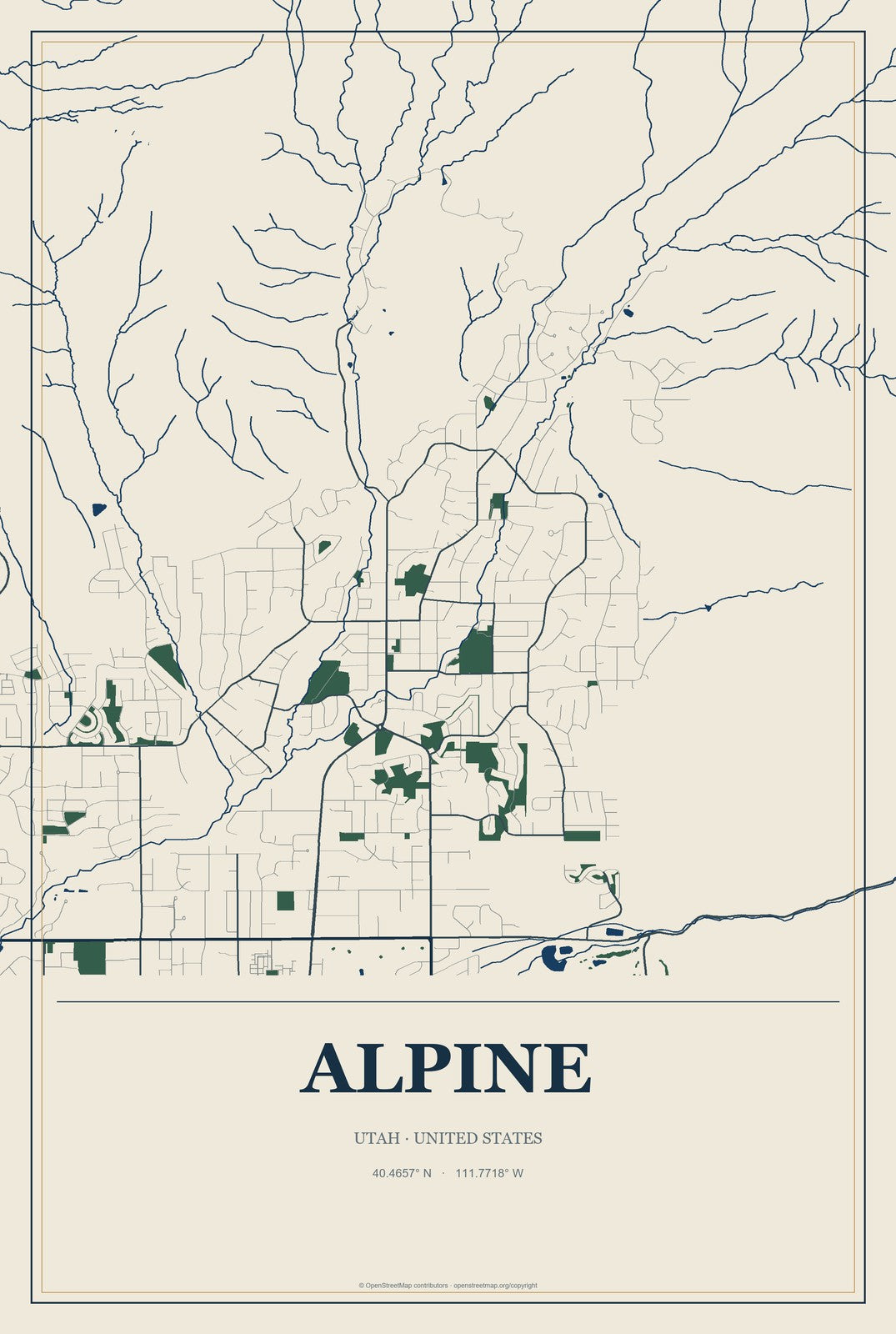Alpine, Utah City Map Aluminum Sign in Coastal Cutout style