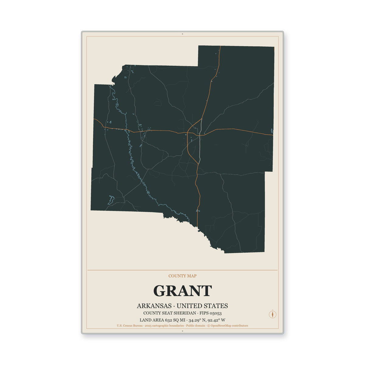 Grant County, Arkansas Map Aluminum Sign in Headline Atlas style