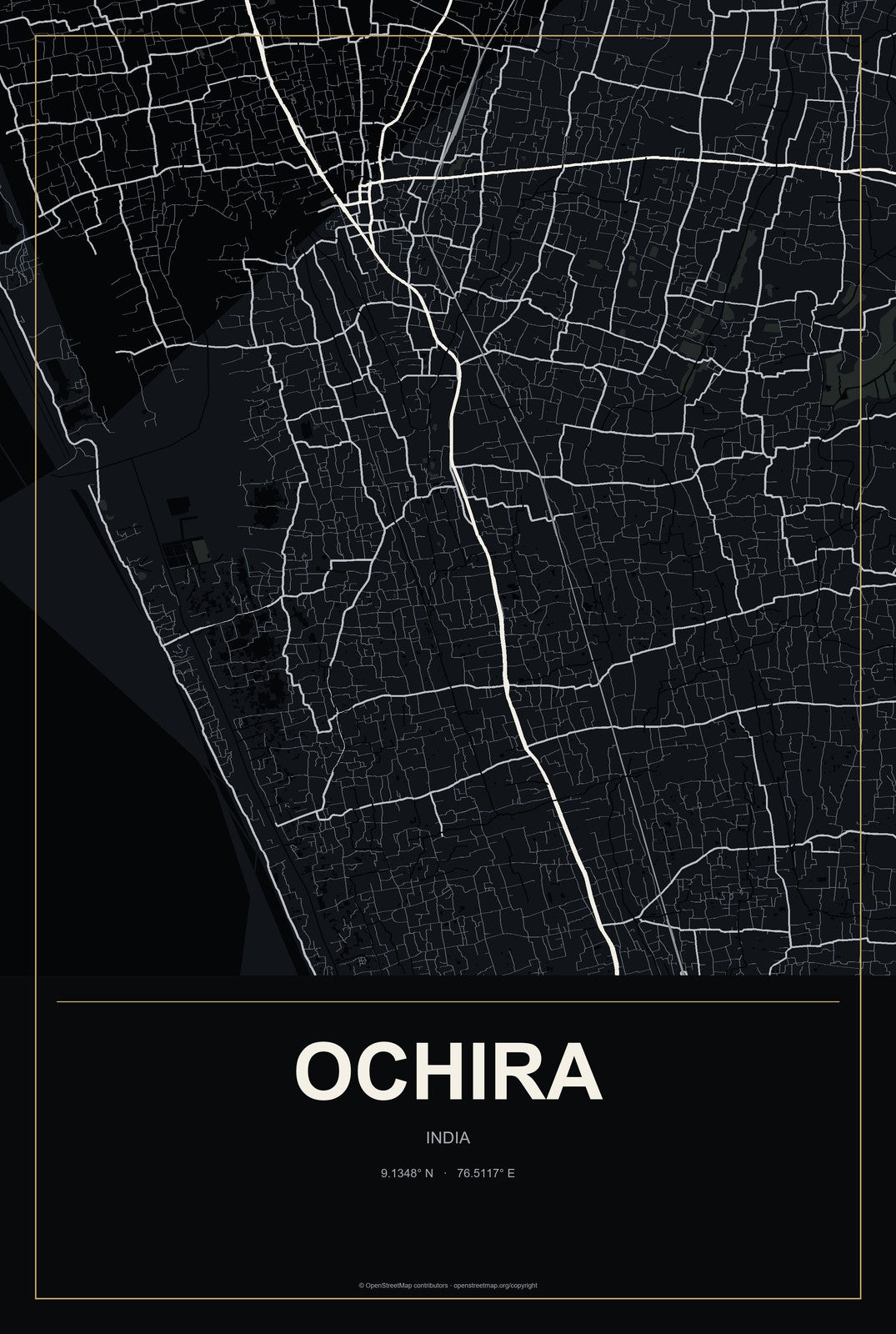 Ochira, India City Map Aluminum Sign in Metropolitan Noir style