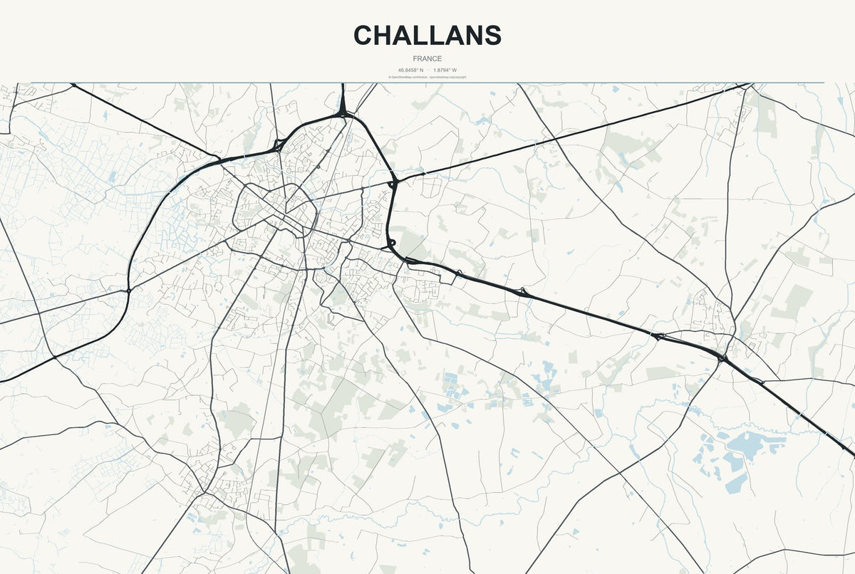 Challans, France City Map Aluminum Sign in Headline Atlas style