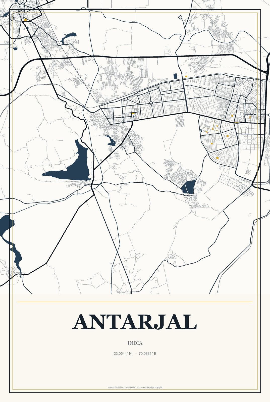Antarjal, India City Map Aluminum Sign in Citrine Modern style
