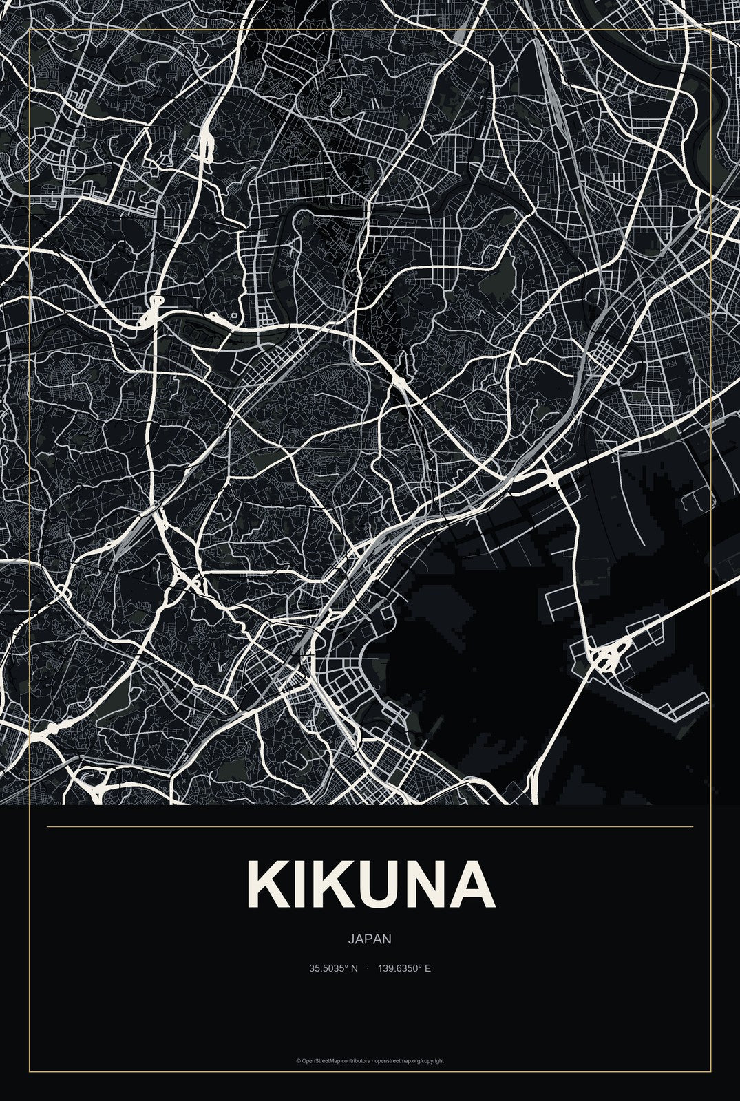 Kikuna, Japan City Map Aluminum Sign in Metropolitan Noir style