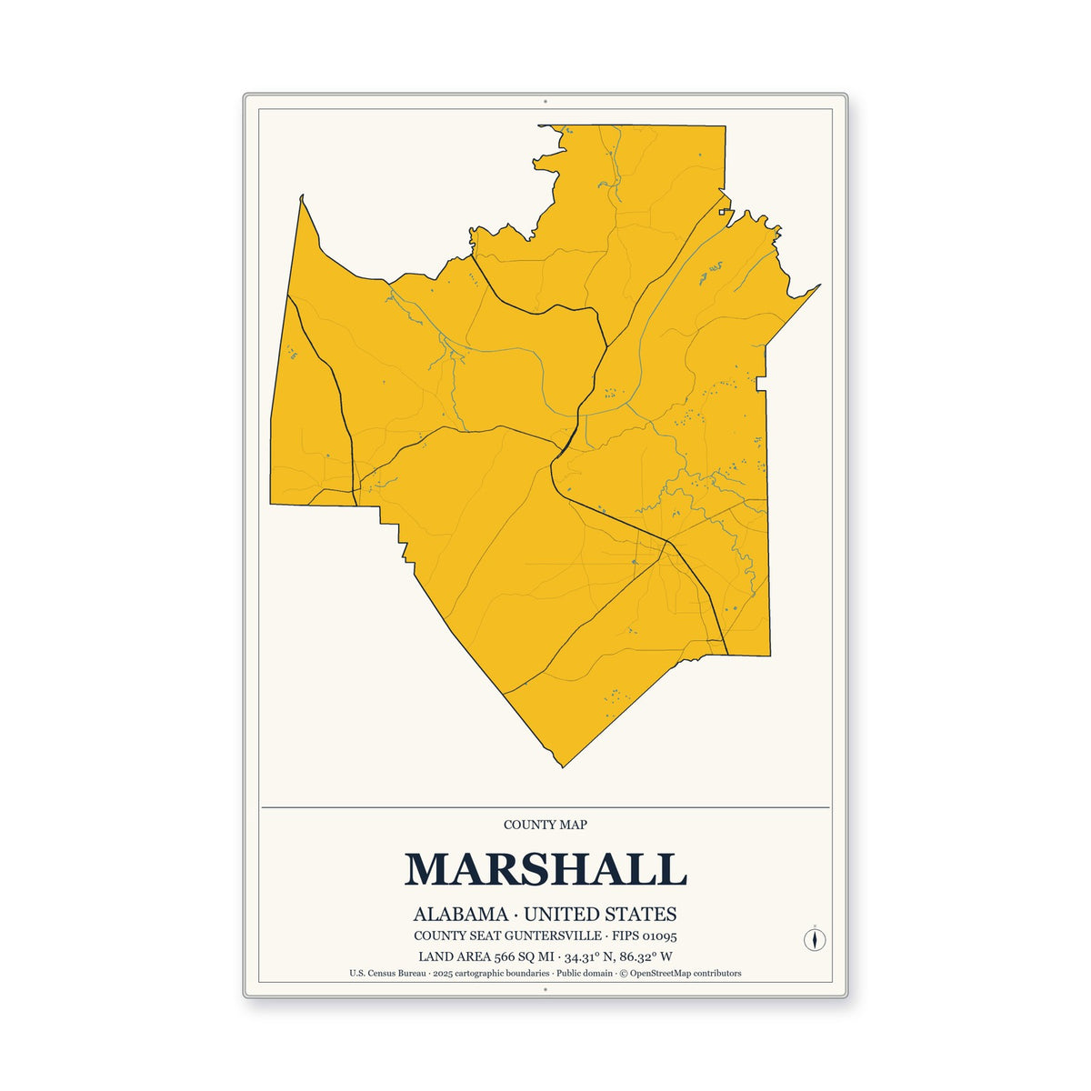 Marshall County, Alabama Map Aluminum Sign in Citrine Modern style
