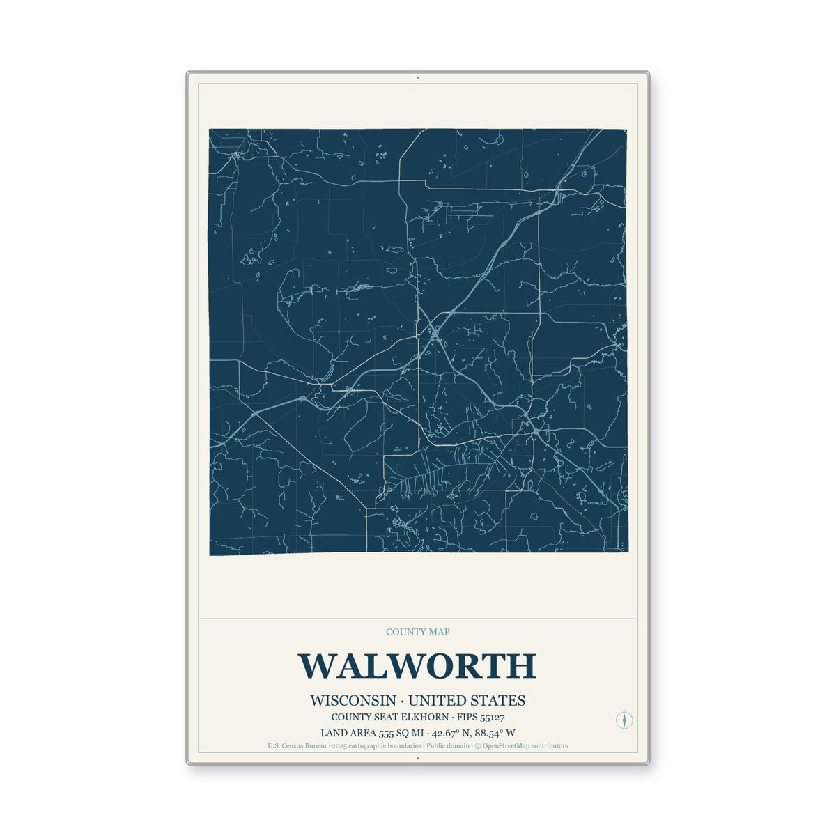 Walworth County, Wisconsin Map Aluminum Sign in Coastal Cutout style
