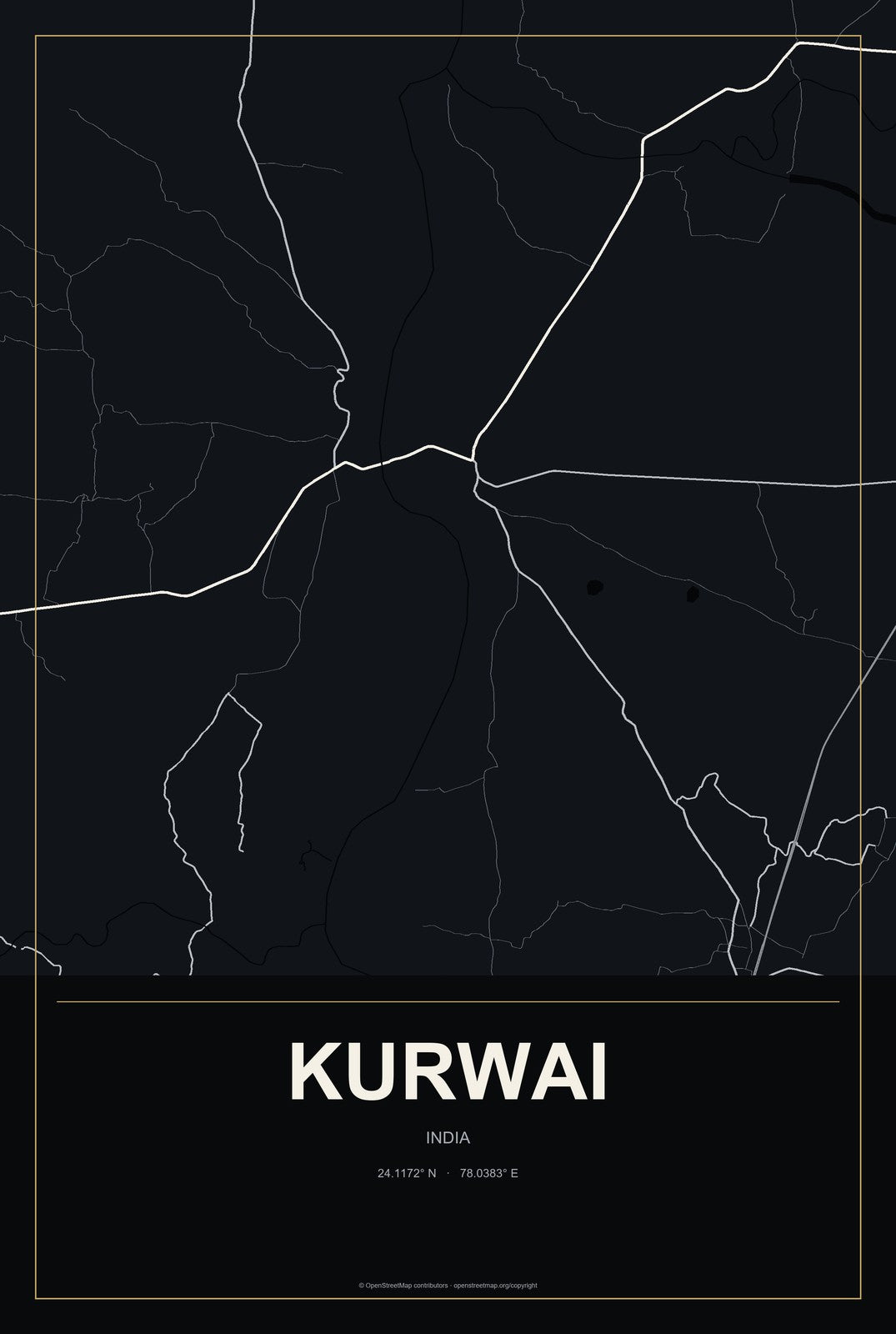 Kurwai, India City Map Aluminum Sign in Metropolitan Noir style