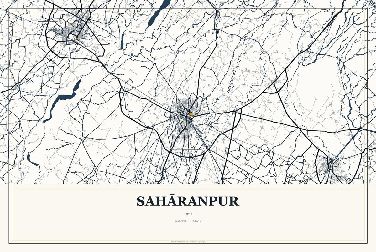 Sahāranpur, India City Map Aluminum Sign in Citrine Modern style