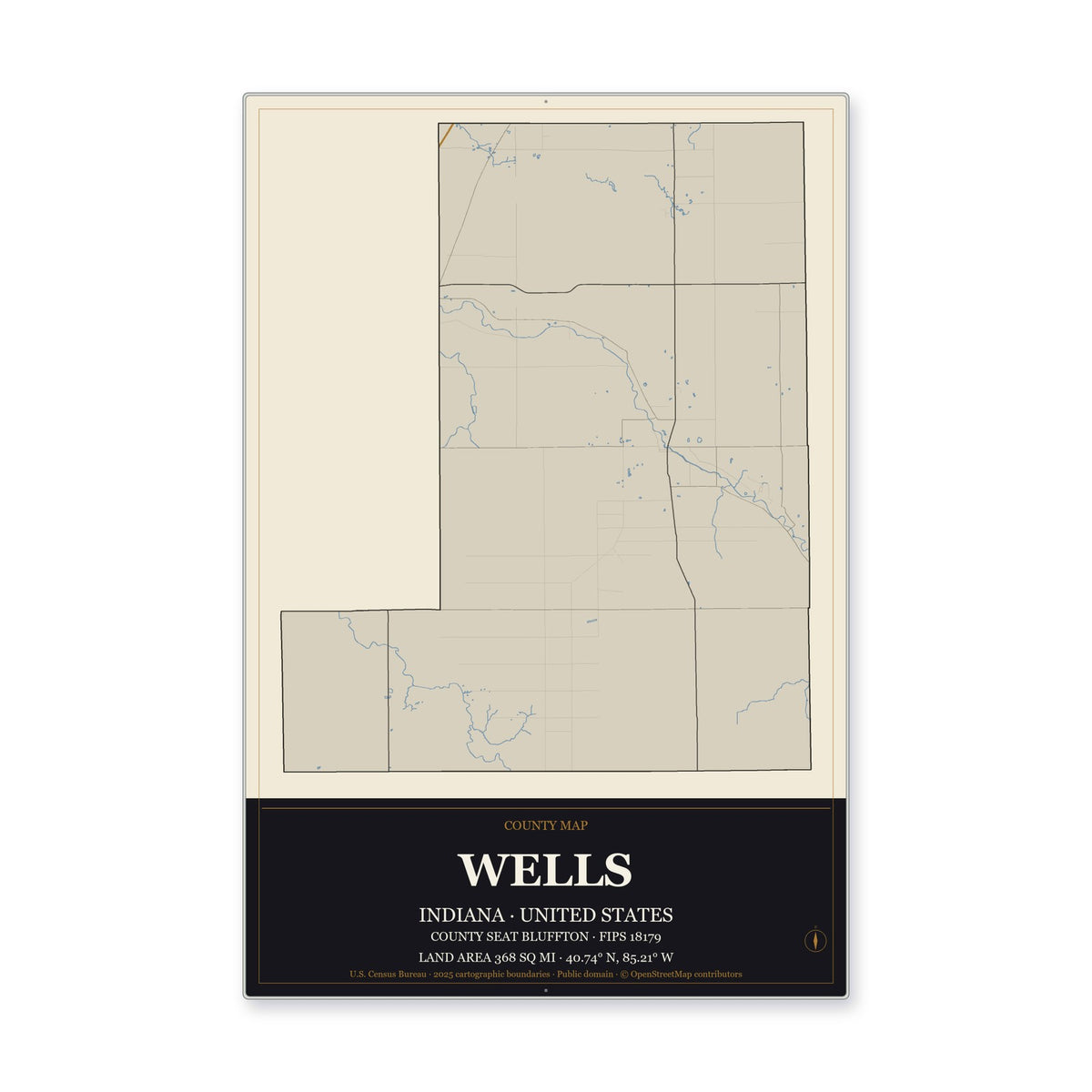 Wells County, Indiana Map Aluminum Sign in Museum Plaque style