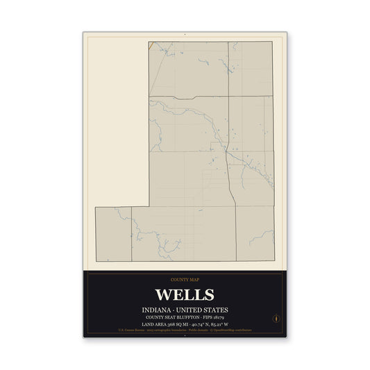 Wells County, Indiana Map Aluminum Sign in Museum Plaque style