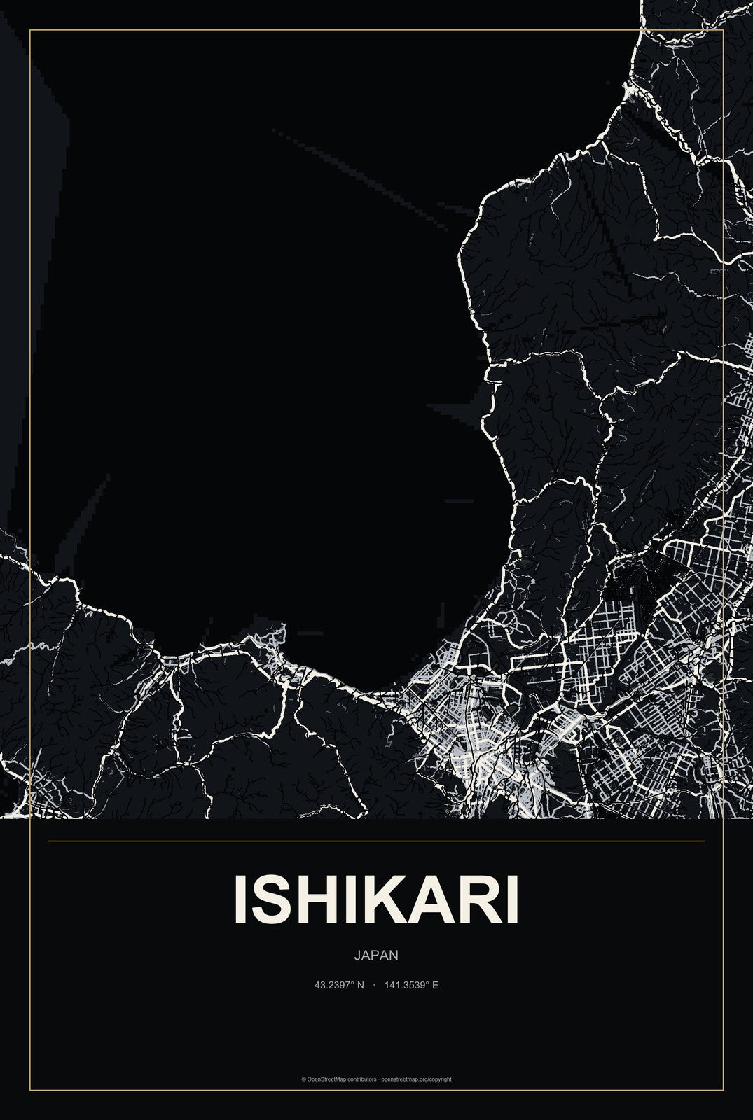 Ishikari, Japan City Map Aluminum Sign in Metropolitan Noir style