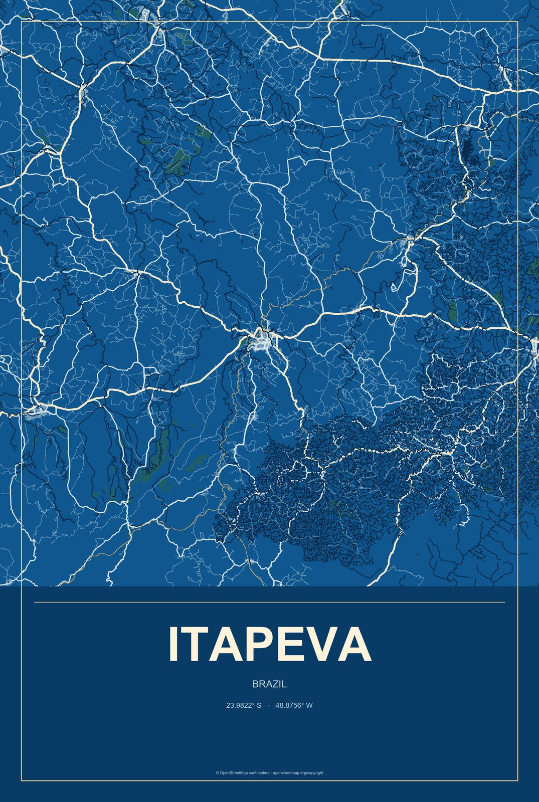 Itapeva, São Paulo, Brazil City Map Aluminum Sign in Harbor Cobalt style