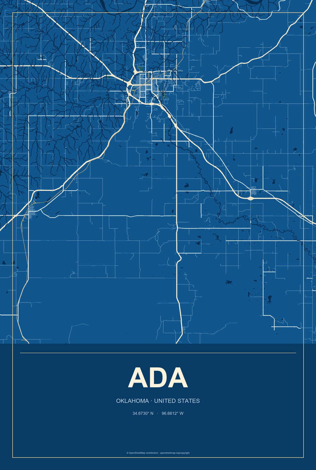 Ada, Oklahoma City Map Aluminum Sign in Harbor Cobalt style