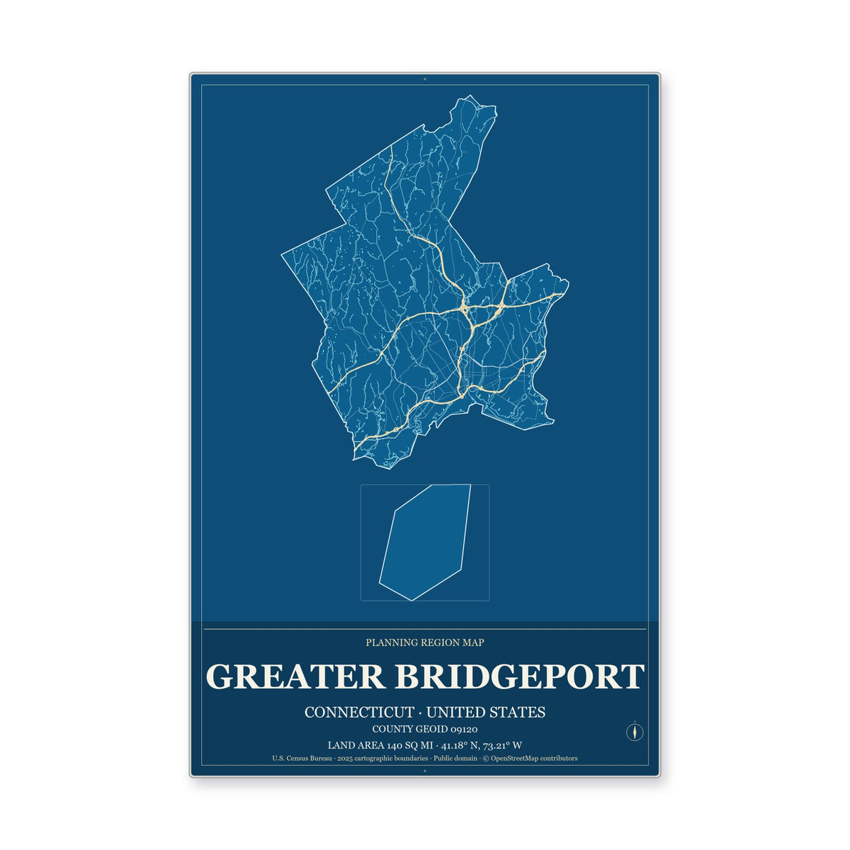 Greater Bridgeport Planning Region, Connecticut Map Aluminum Sign in Harbor Cobalt style