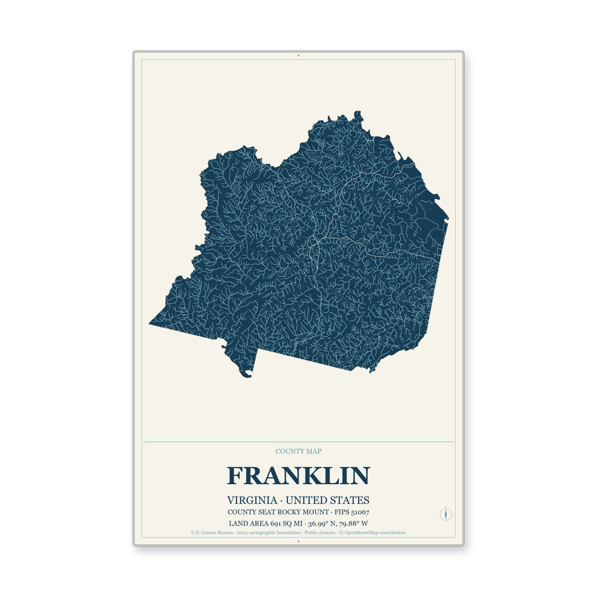 Franklin County, Virginia Map Aluminum Sign in Coastal Cutout style