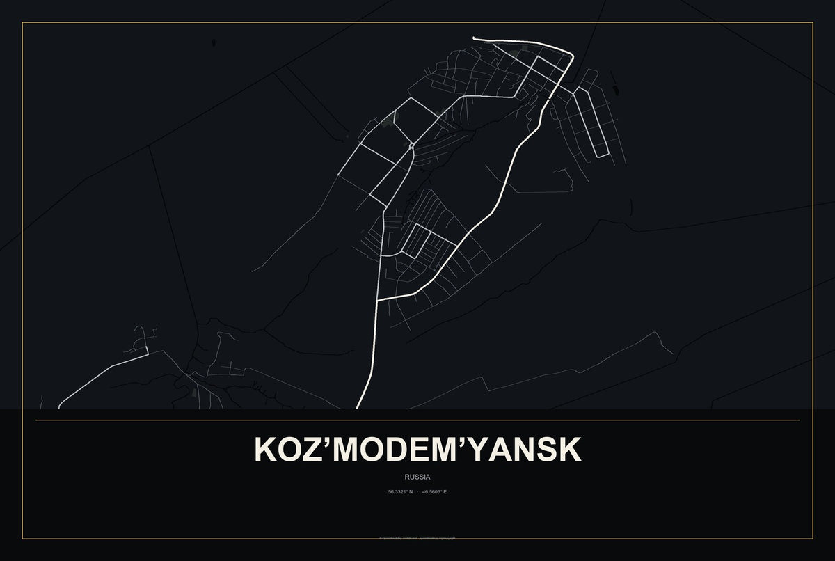 Koz’modem’yansk, Russia City Map Aluminum Sign in Metropolitan Noir style