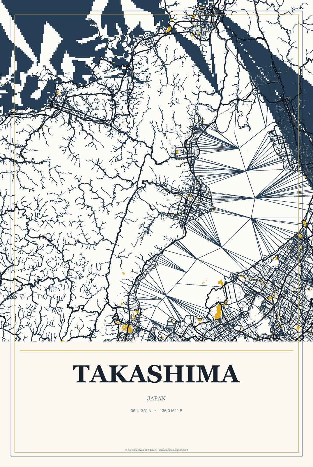 Takashima, Japan City Map Aluminum Sign in Citrine Modern style