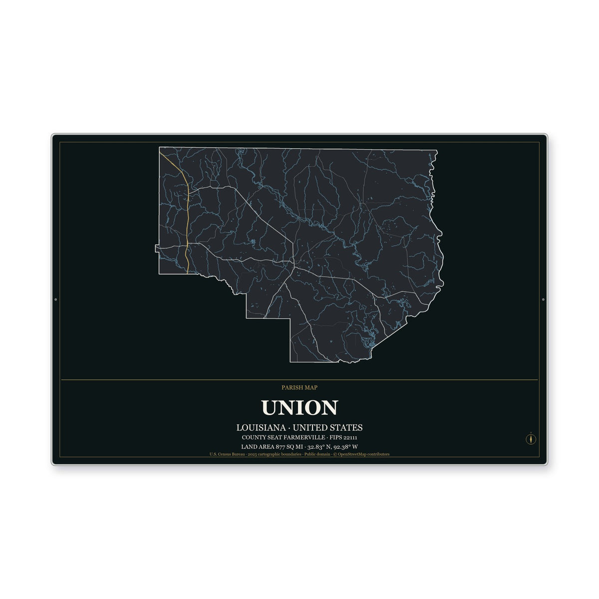 Union Parish, Louisiana Map Aluminum Sign in Metropolitan Noir style