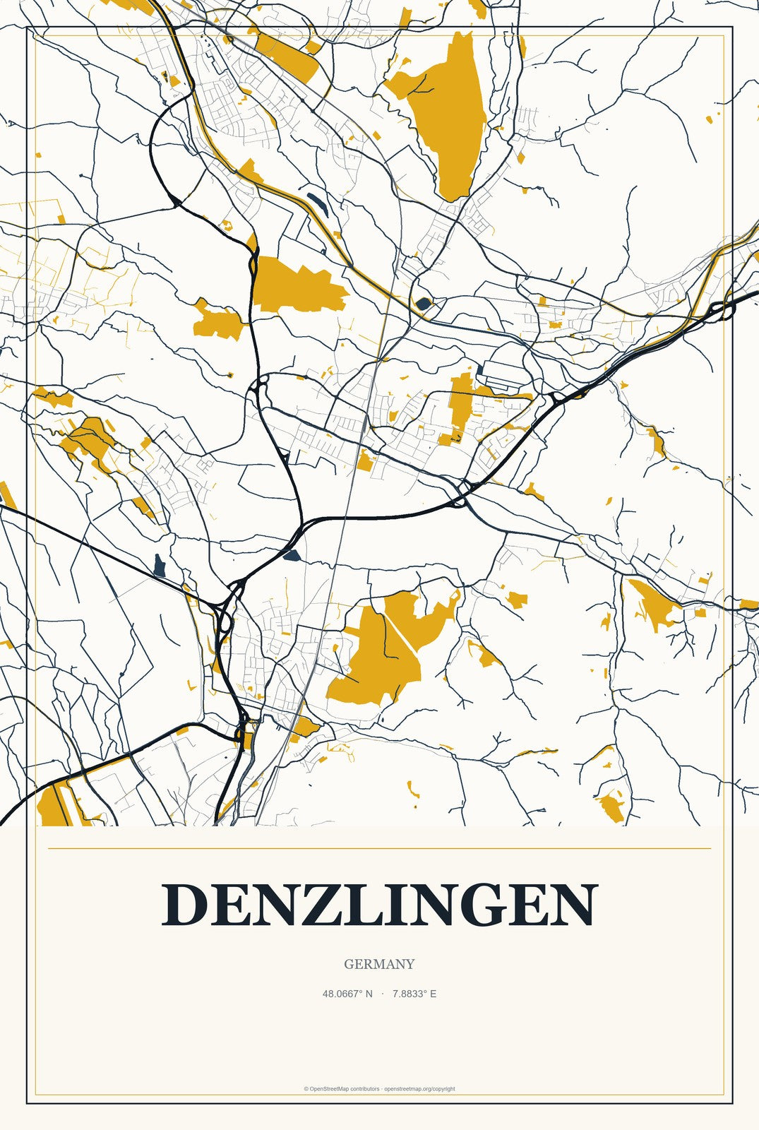 Denzlingen, Germany City Map Aluminum Sign in Citrine Modern style