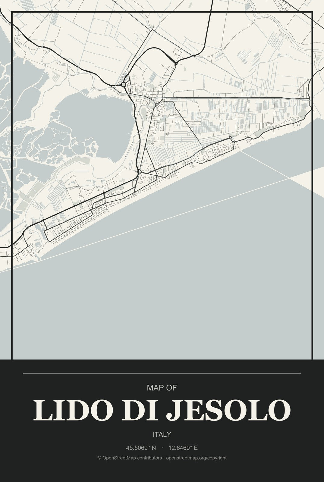 Lido di Jesolo, Italy City Map Aluminum Sign in Museum Plaque style
