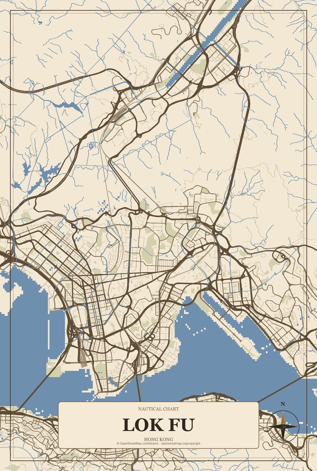 Lok Fu, Hong Kong City Map Aluminum Sign in Heritage Nautical style
