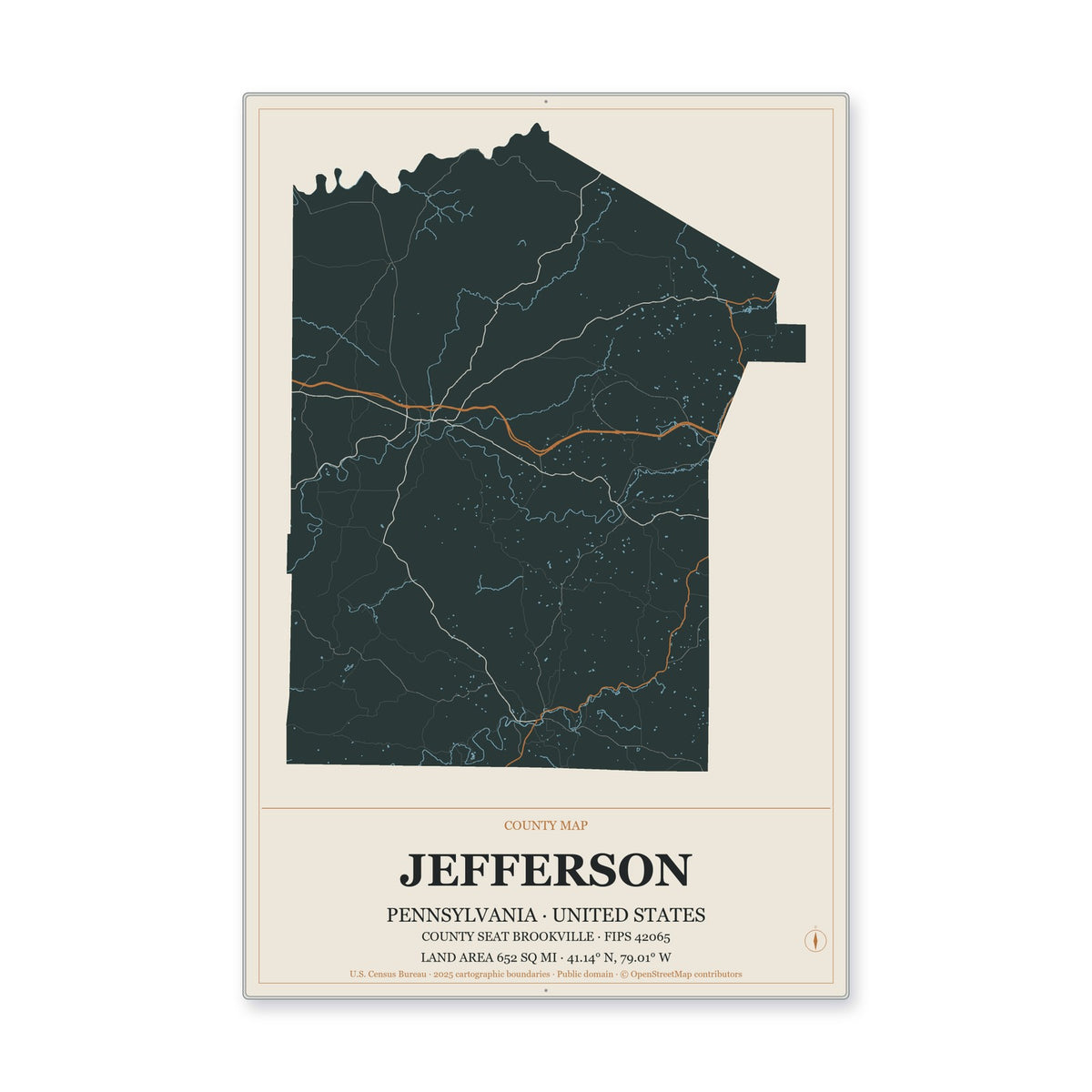 Jefferson County, Pennsylvania Map Aluminum Sign in Headline Atlas style