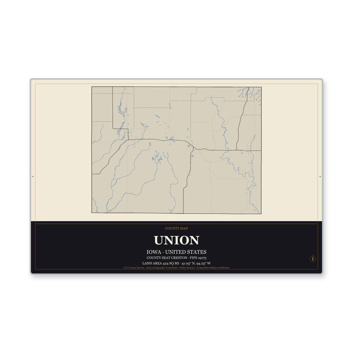 Union County, Iowa Map Aluminum Sign in Museum Plaque style