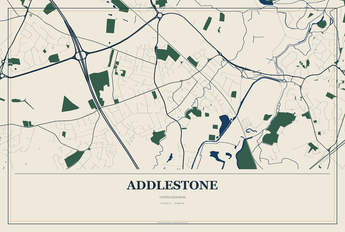 Addlestone, United Kingdom City Map Aluminum Sign in Coastal Cutout style