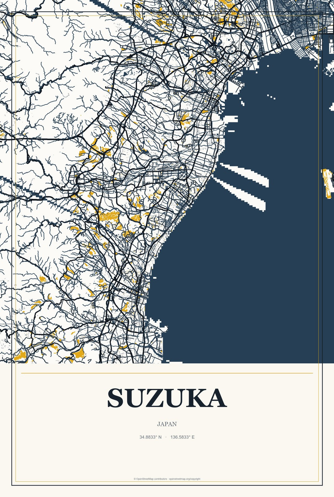 Suzuka, Japan City Map Aluminum Sign in Citrine Modern style