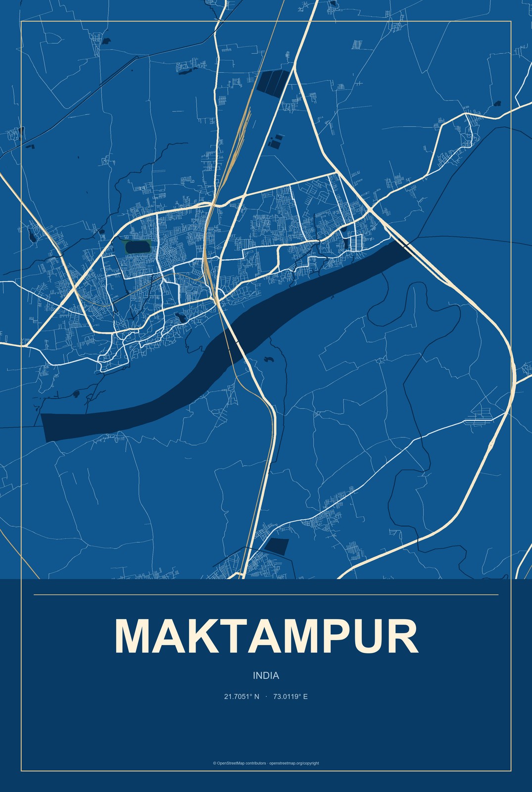 Maktampur, India City Map Aluminum Sign in Harbor Cobalt style