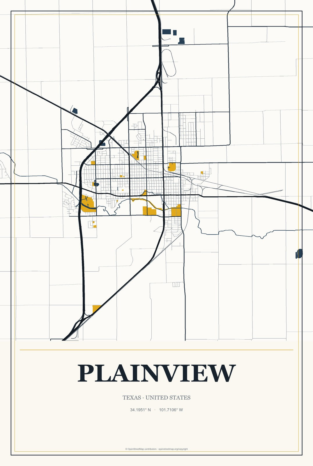 Plainview, Texas City Map Aluminum Sign in Citrine Modern style