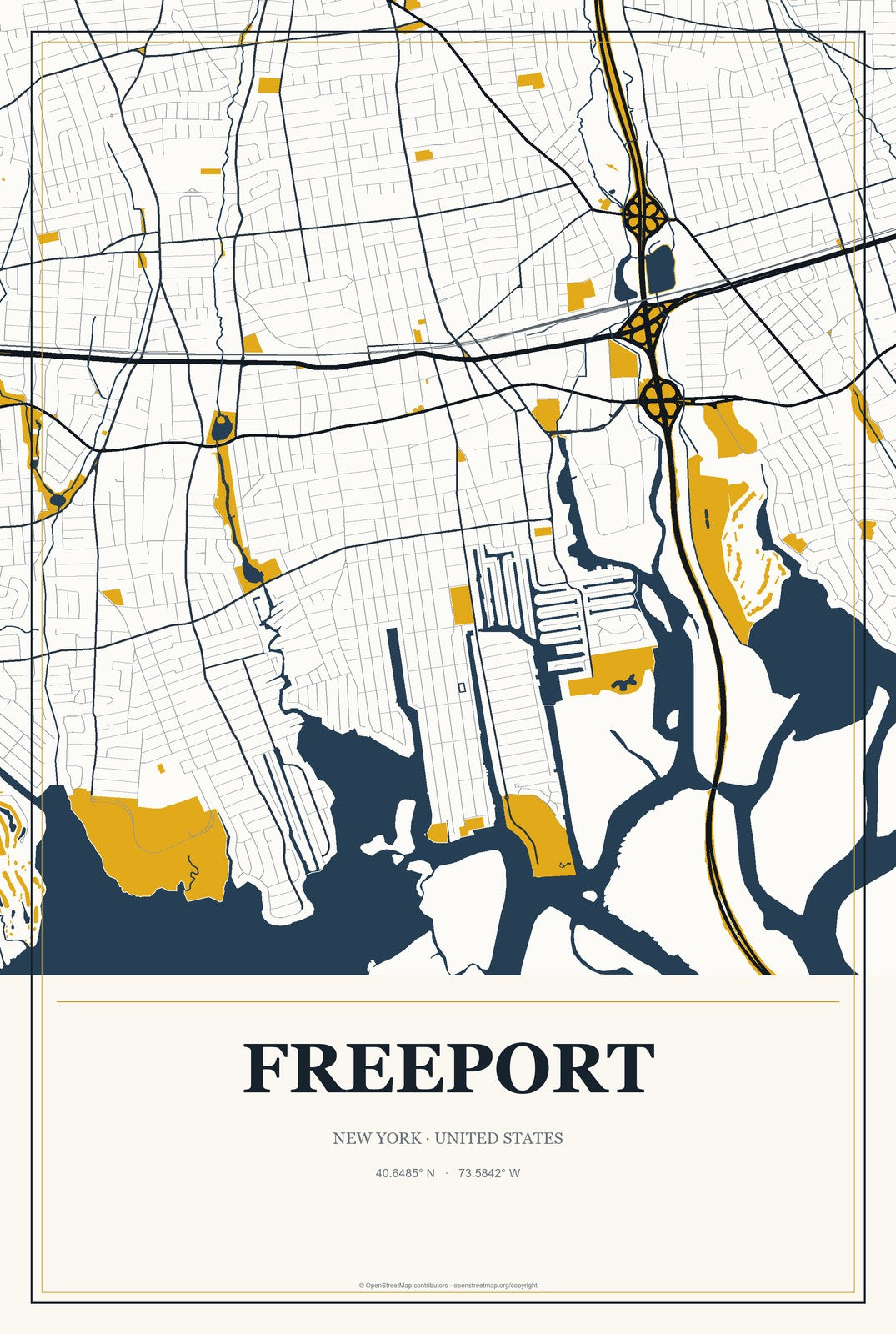 Freeport, New York City Map Aluminum Sign in Citrine Modern style