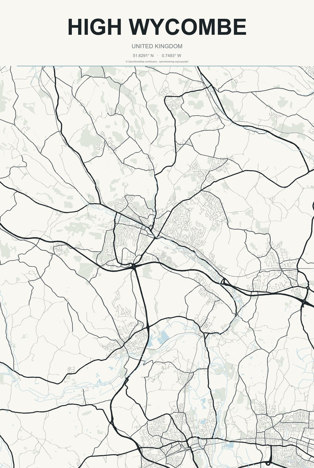 High Wycombe, United Kingdom City Map Aluminum Sign in Headline Atlas style