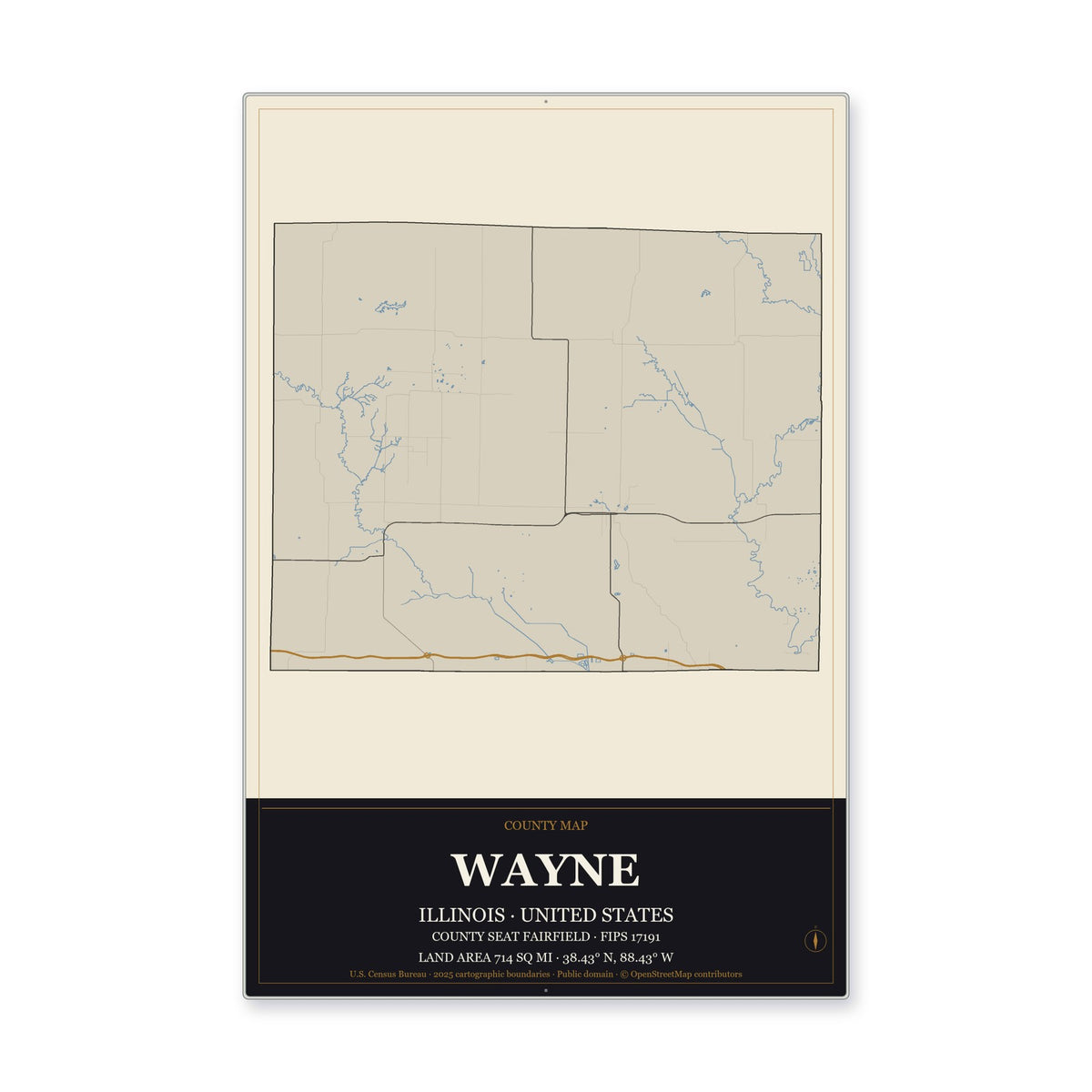 Wayne County, Illinois Map Aluminum Sign in Museum Plaque style