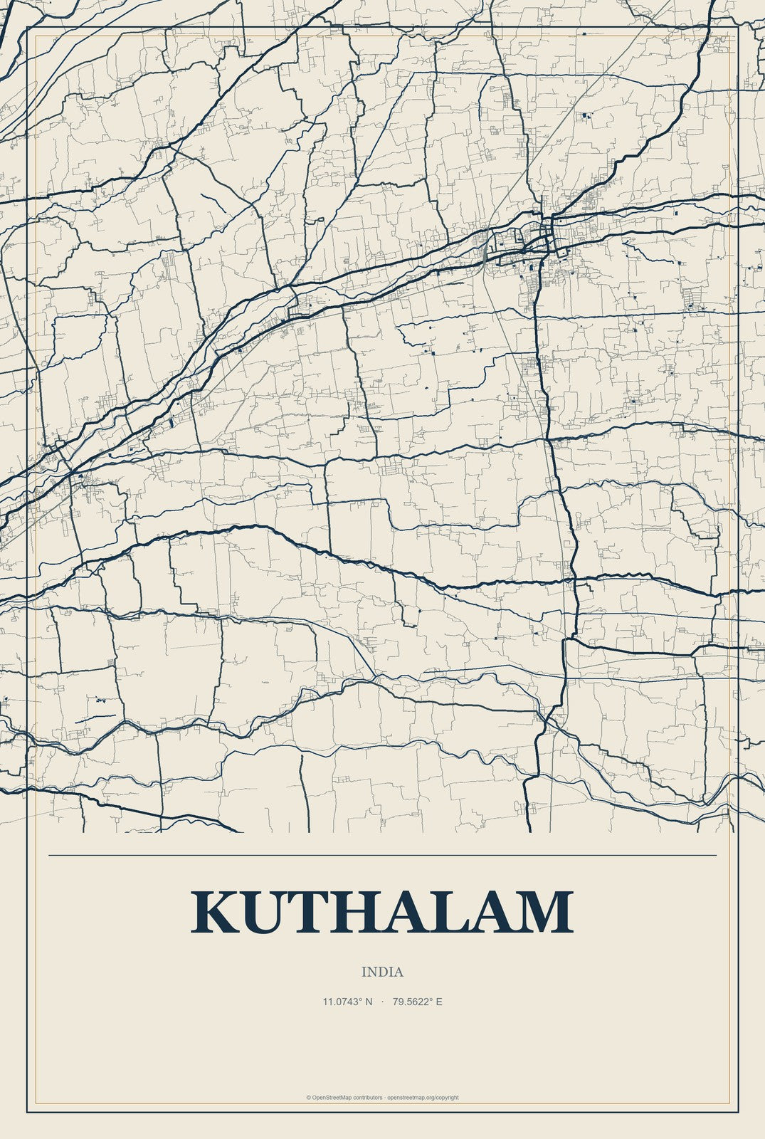 Kuthalam, India City Map Aluminum Sign in Coastal Cutout style