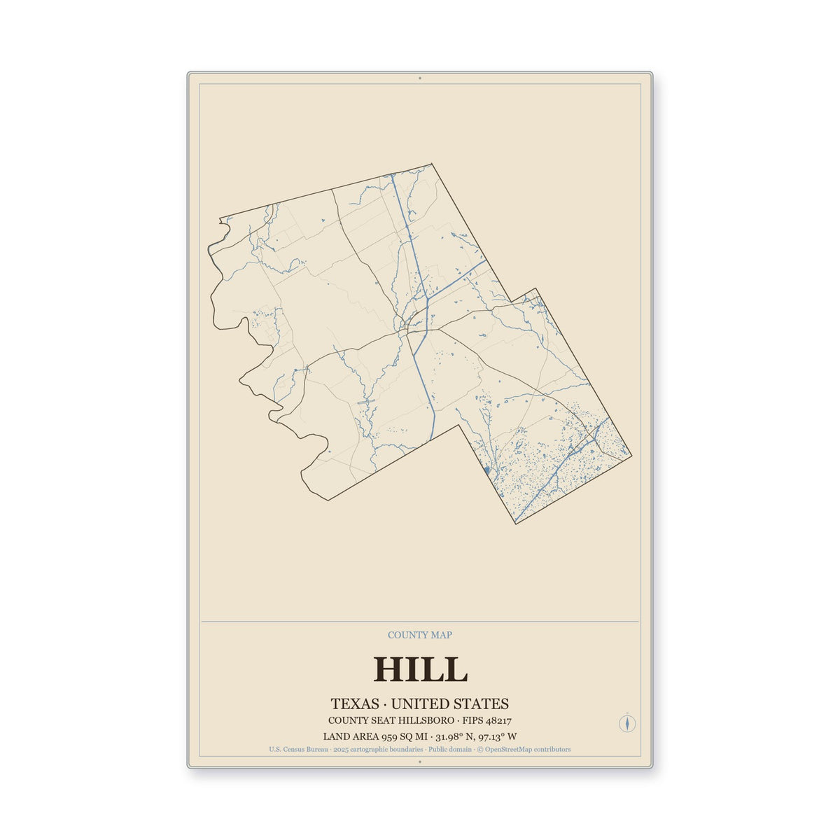 Hill County, Texas Map Aluminum Sign in Heritage Nautical style