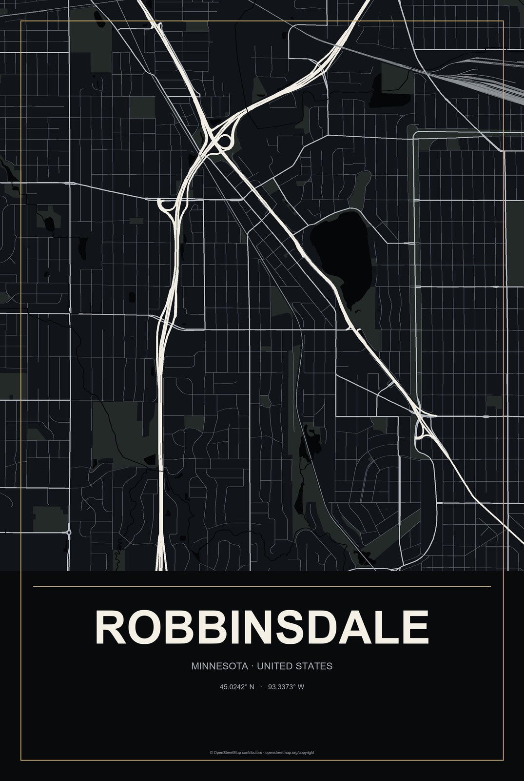 Robbinsdale, Minnesota City Map Aluminum Sign in Metropolitan Noir style