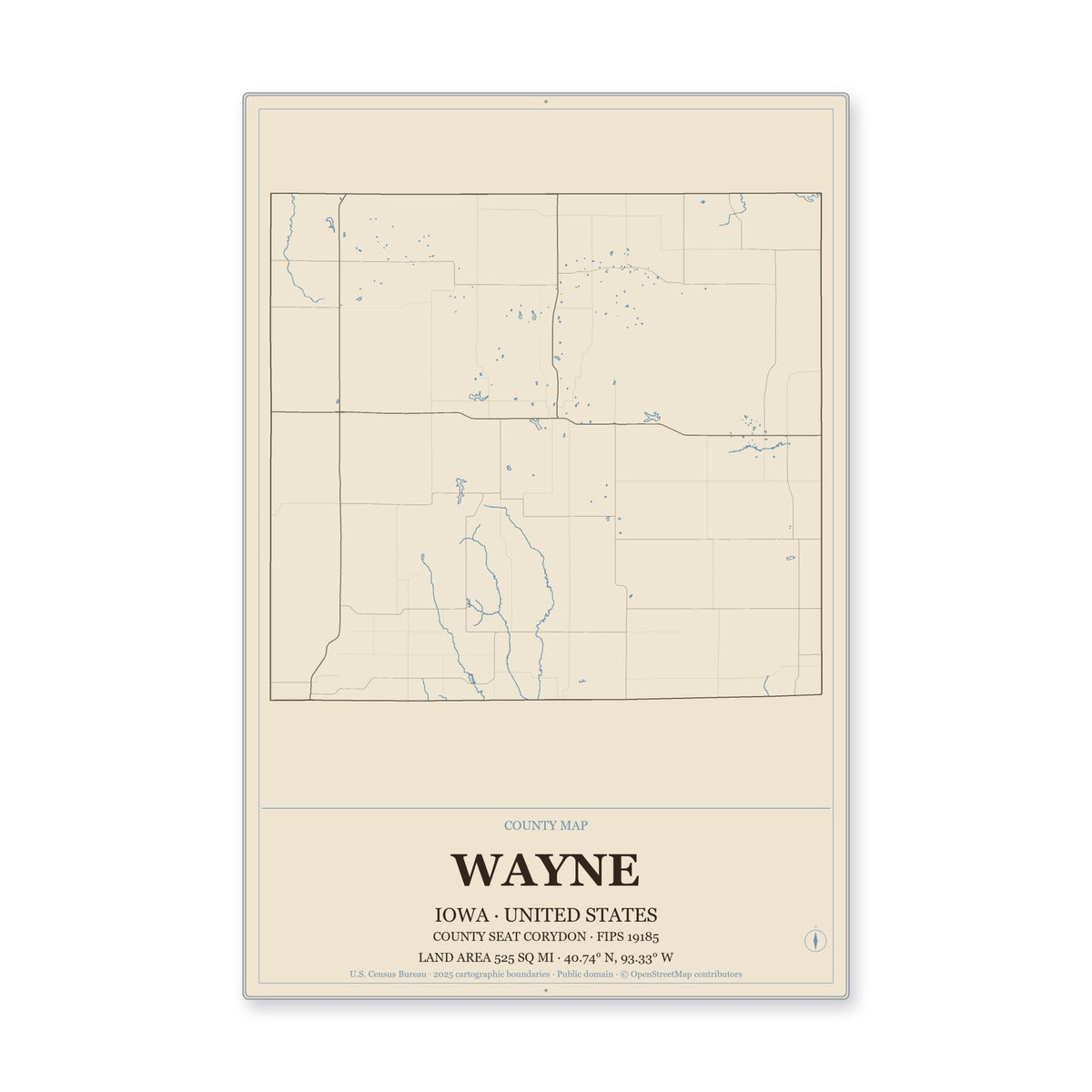 Wayne County, Iowa Map Aluminum Sign in Heritage Nautical style