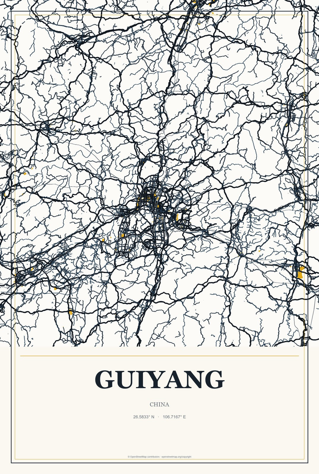 Guiyang, China City Map Aluminum Sign in Citrine Modern style