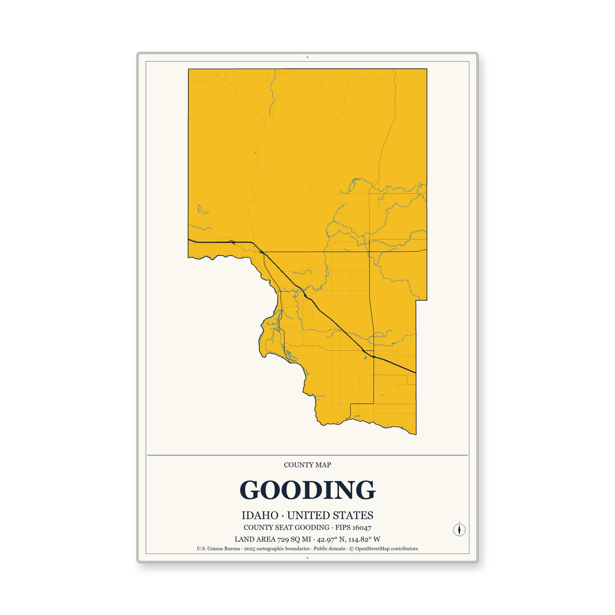 Gooding County, Idaho Map Aluminum Sign in Citrine Modern style