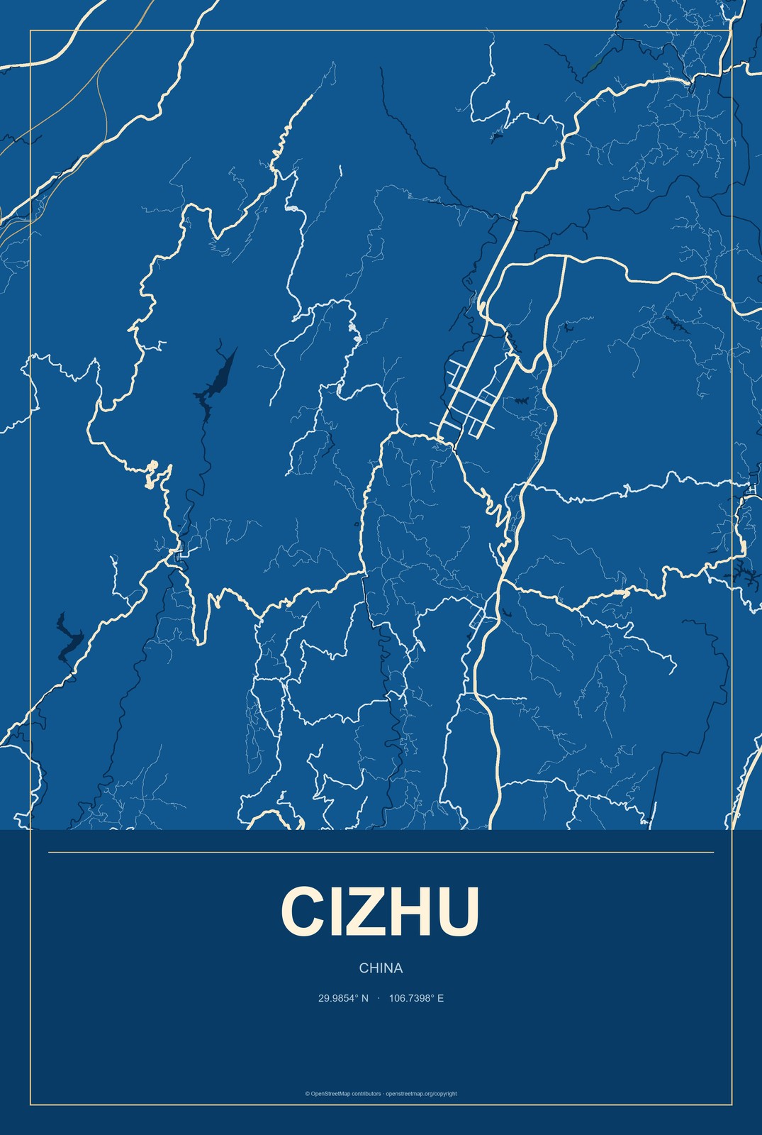 Cizhu, China City Map Aluminum Sign in Harbor Cobalt style
