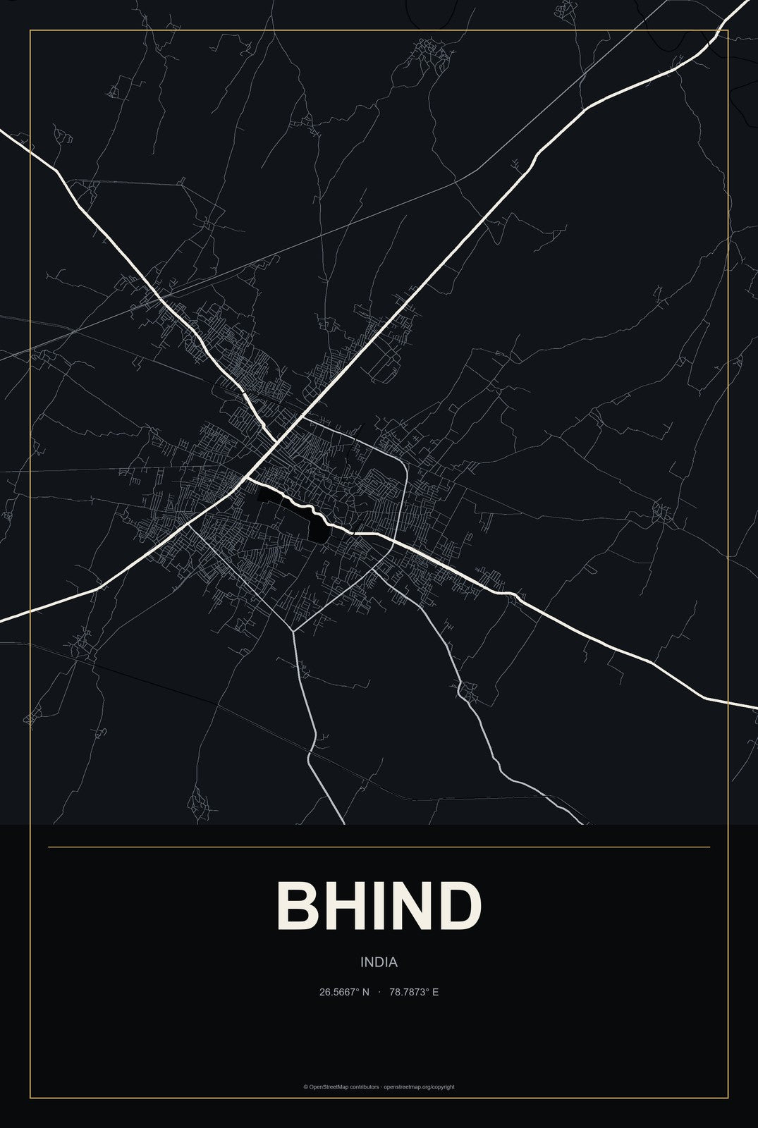 Bhind, India City Map Aluminum Sign in Metropolitan Noir style