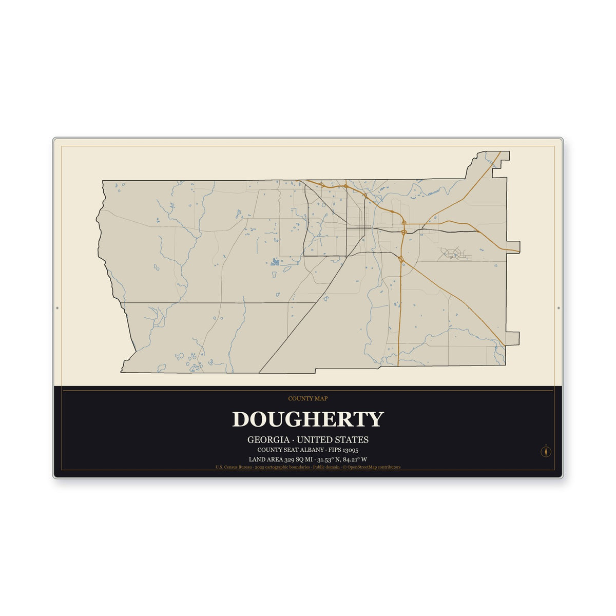 Dougherty County, Georgia Map Aluminum Sign in Museum Plaque style