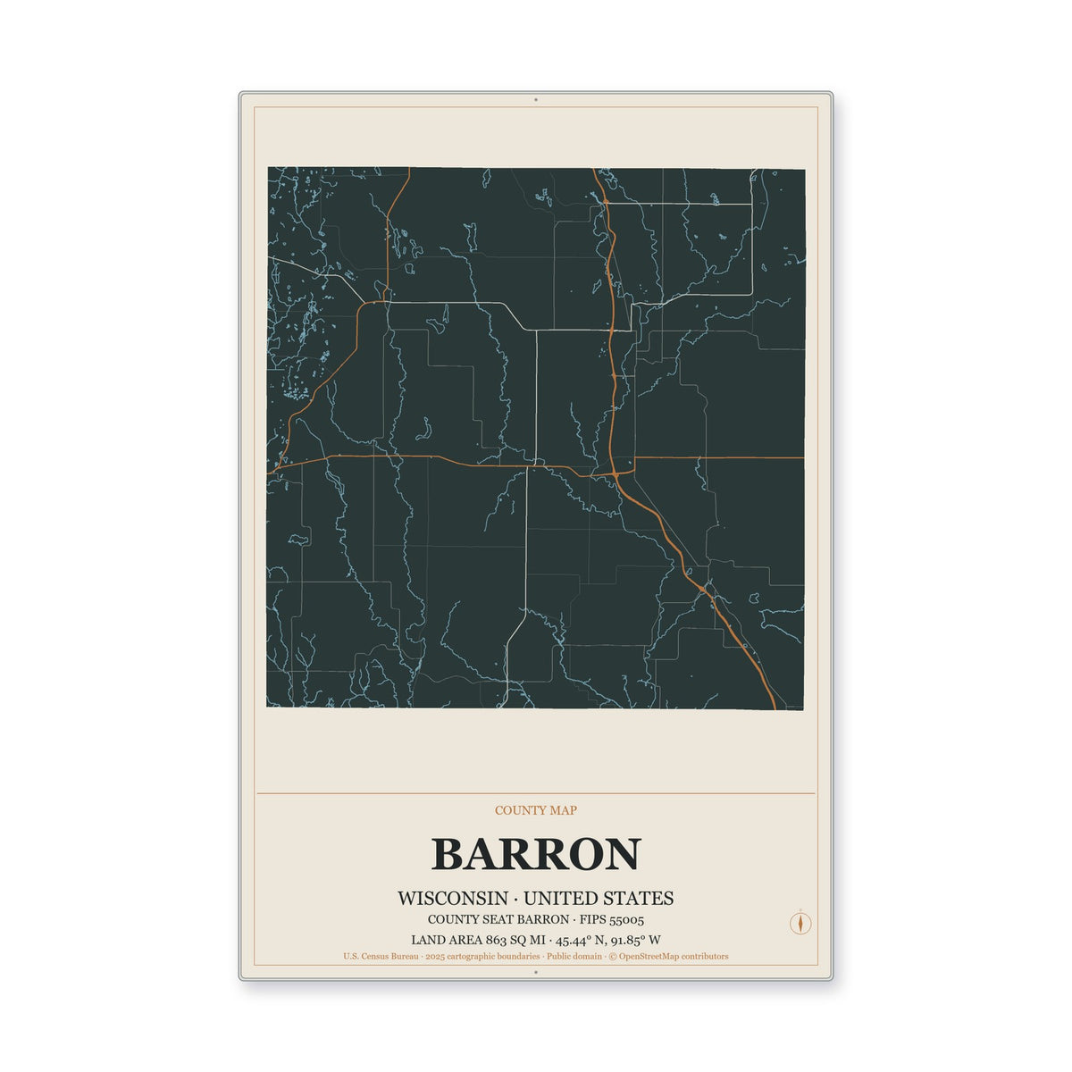Barron County, Wisconsin Map Aluminum Sign in Headline Atlas style