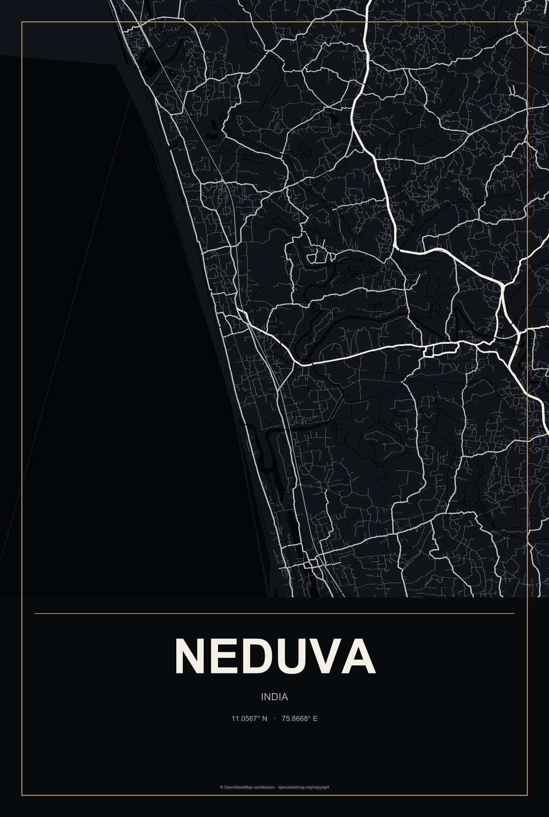 Neduva, India City Map Aluminum Sign in Metropolitan Noir style