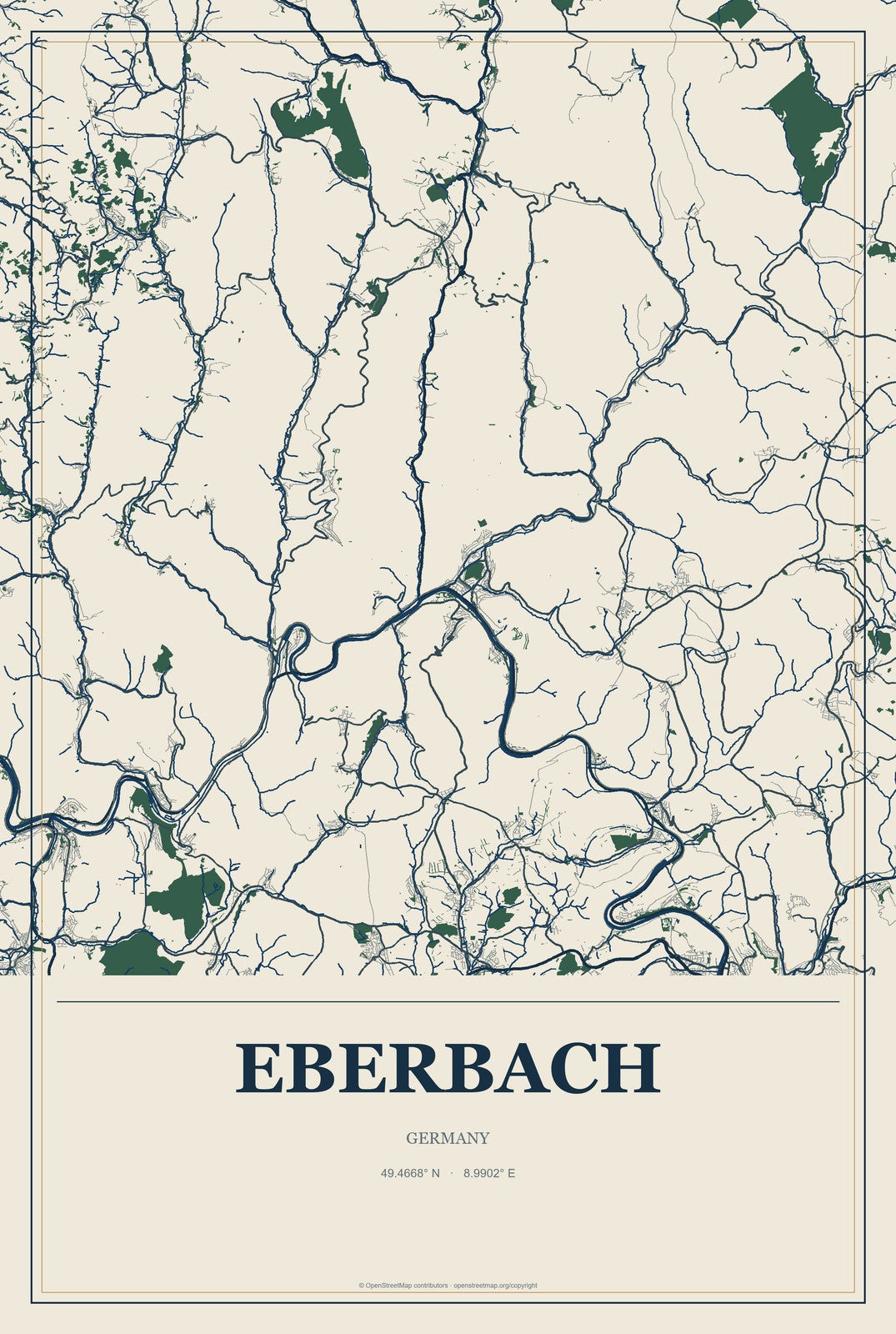 Eberbach, Germany City Map Aluminum Sign in Coastal Cutout style