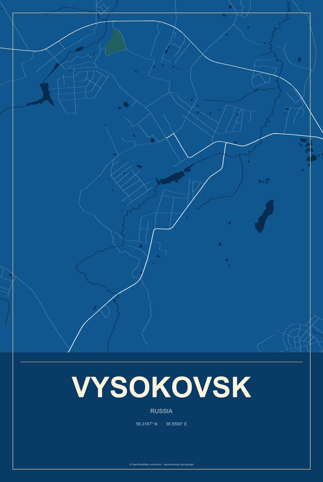 Vysokovsk, Russia City Map Aluminum Sign in Harbor Cobalt style