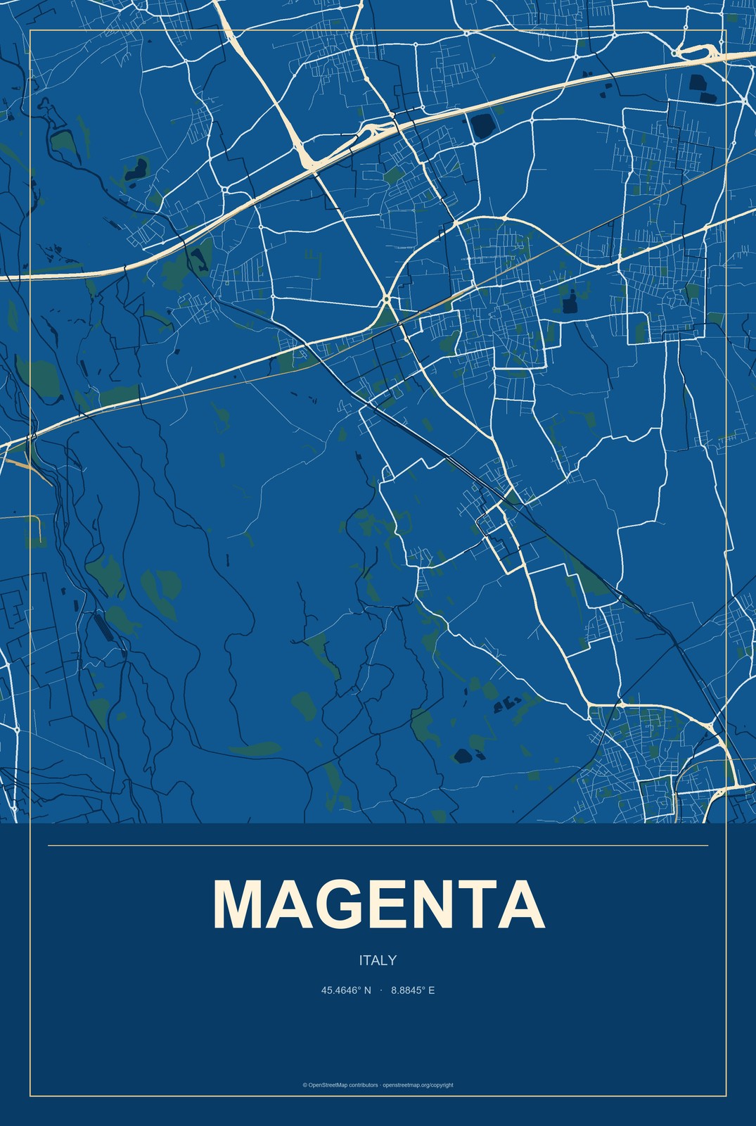 Magenta, Italy City Map Aluminum Sign in Harbor Cobalt style