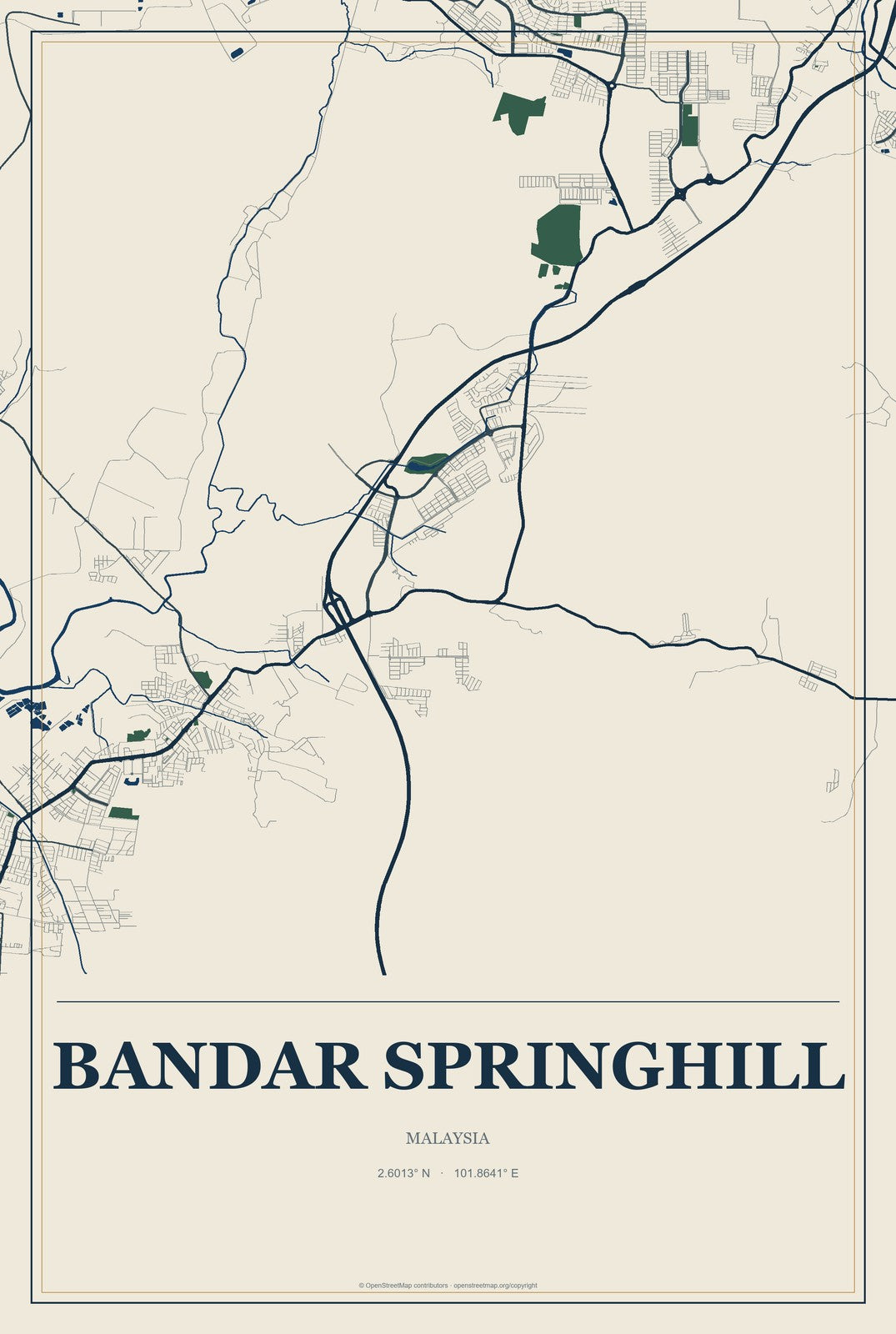 Bandar Springhill, Malaysia City Map Aluminum Sign in Coastal Cutout style